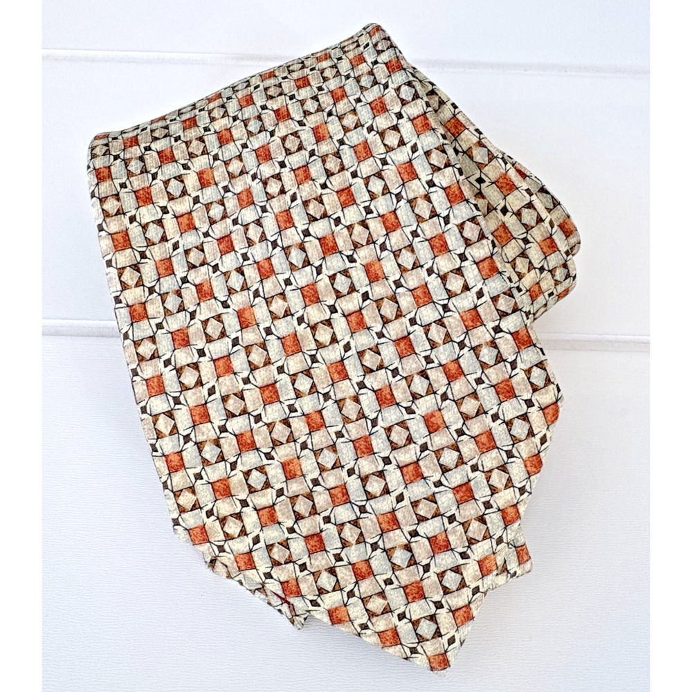 S.T. Dupont Paris Geometric Silk Tie Orange Pale Yellow 3.5"W 61"L Retro Vintage